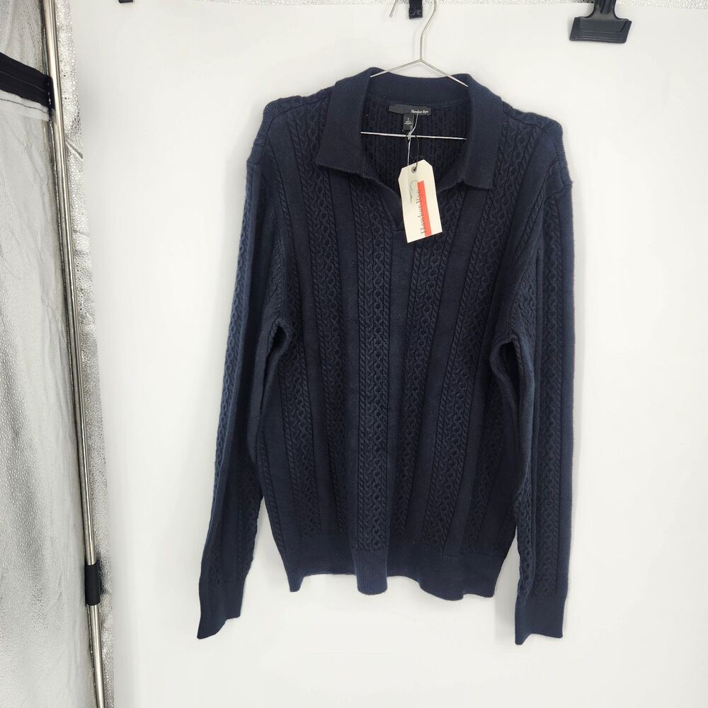 Hawker Rye Men's Navy Large Luxe Cable Knit Polo Shirt‎ NWT